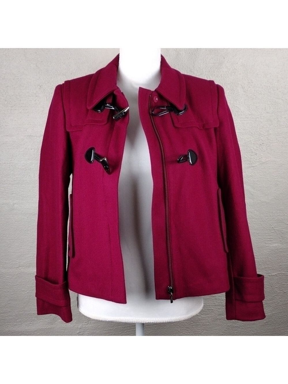 Calvin Klein Berry Wool Pointed Collar Long Cuffed Sleeve Toggle Zip Up Coat - Picture 6 of 15